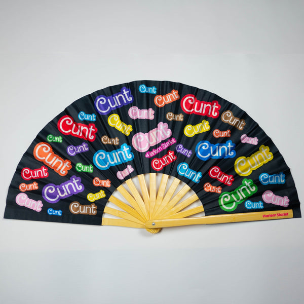 A Bamboo & Silk handheld folding fan that is Black with a rainbow print that says cunt, is spread open on a white background.