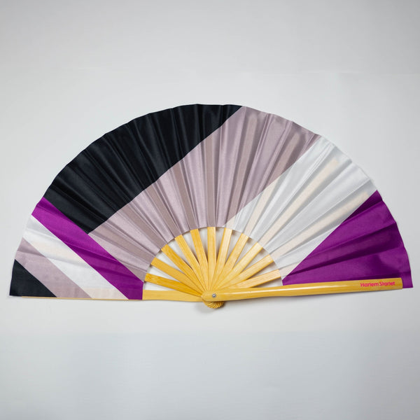 Bamboo clack fan featuring the Asexual flag colors, perfect for pride events and festivals. Stylish and functional accessory.