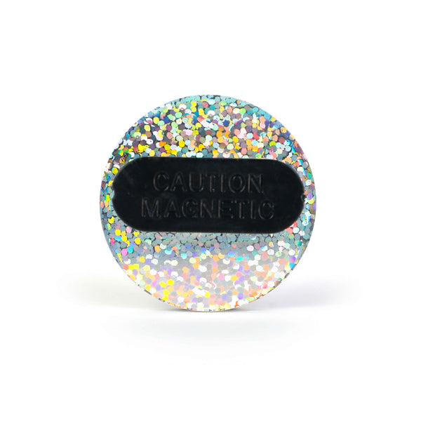 Glittery Round Back Pin with strong magnetic closure.