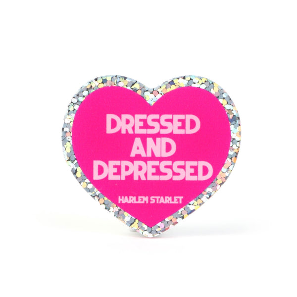 Pin - Dressed and Depressed Glitter Heart in Hot Pink - Harlem Starlet