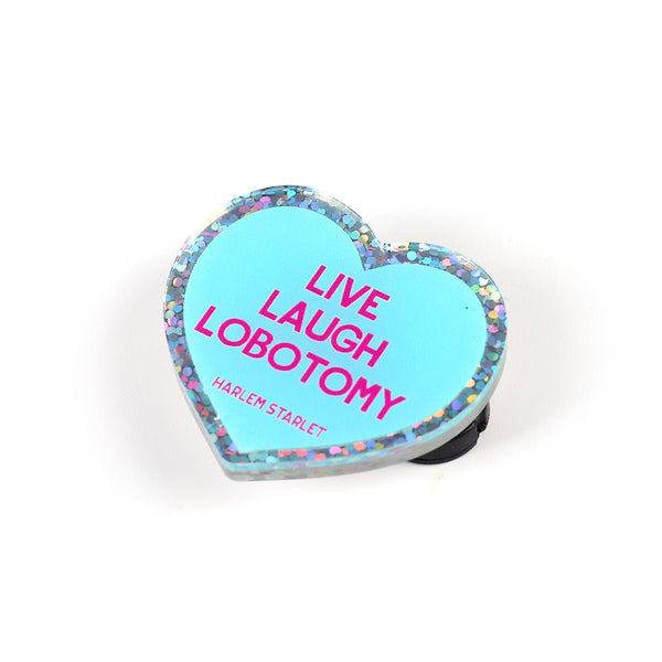 Pin - Live, Laugh, Lobotomy Glitter Heart in Aqua - Harlem Starlet