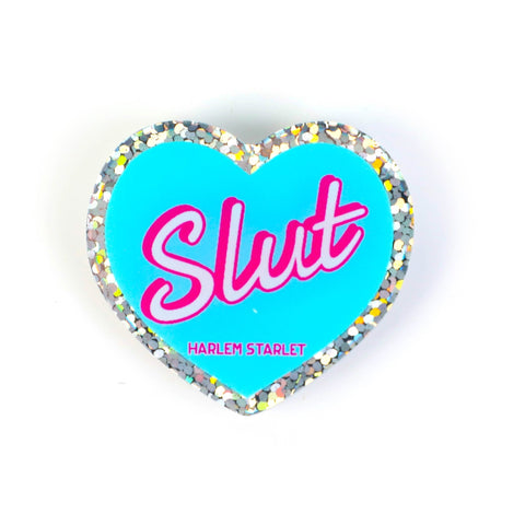 Pin - Slut Glitter Heart in Aqua - Harlem Starlet