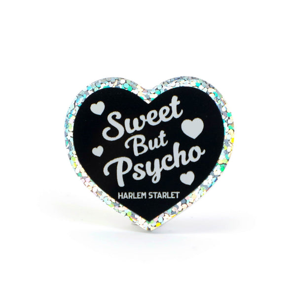 Pin - Sweet But Psycho Glitter Heart in Black - Harlem Starlet