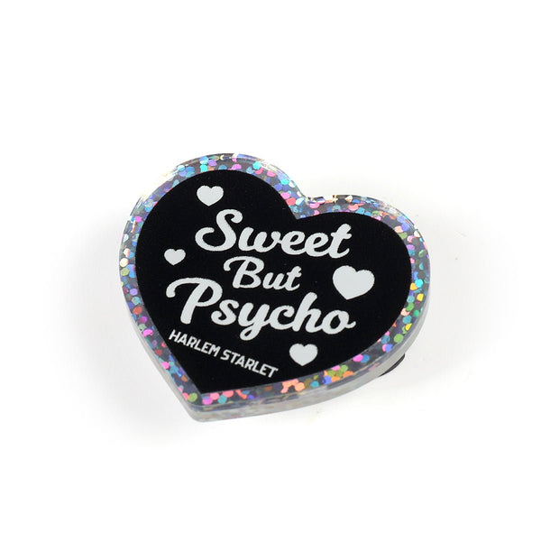 Pin - Sweet But Psycho Glitter Heart in Black - Harlem Starlet