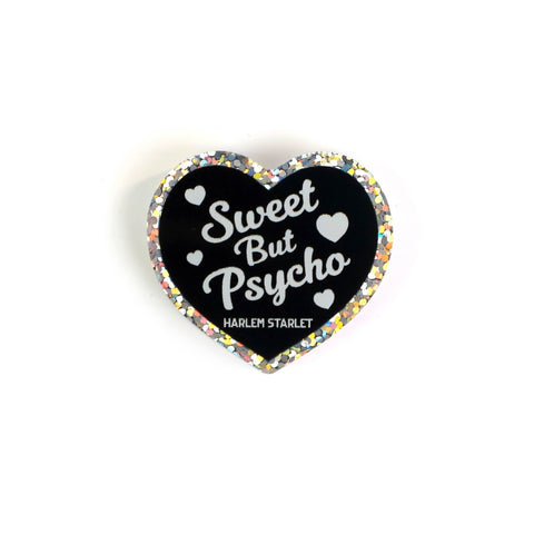 Pin - Sweet But Psycho Glitter Heart in Black - Harlem Starlet