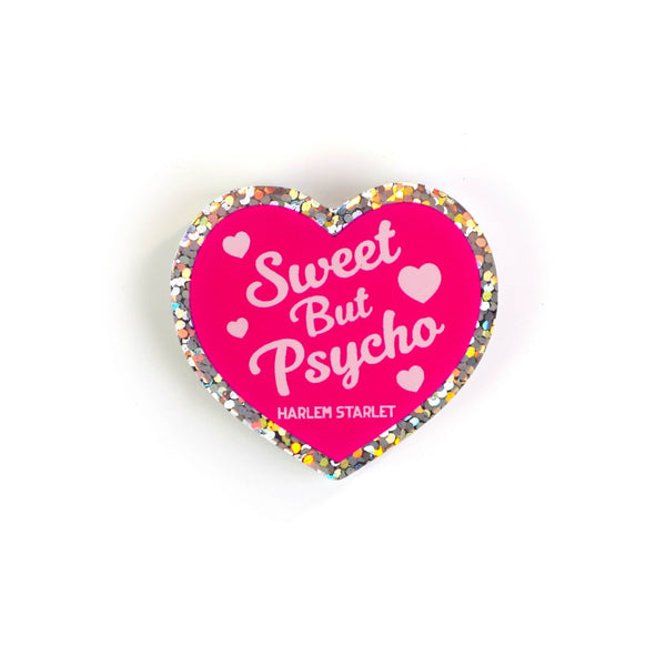 Pin - Sweet But Psycho Glitter Heart in Hot Pink - Harlem Starlet